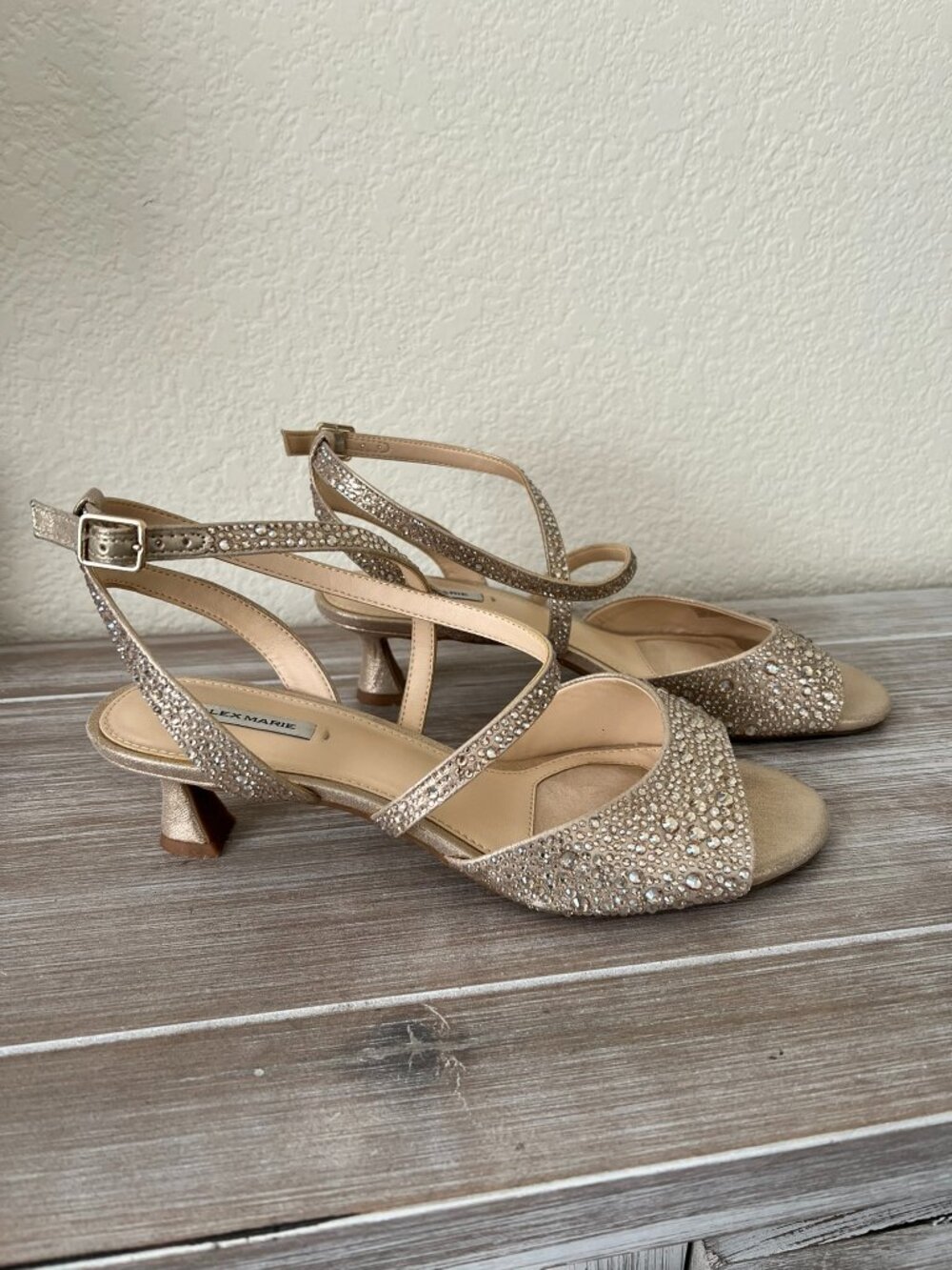 Alex Marie Mabel Shimmer Rhinestone Heel Sandals Soft Gold 9.5